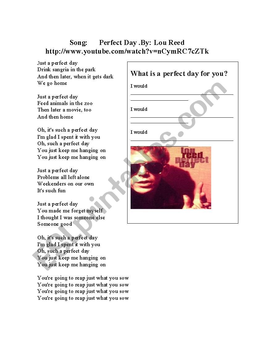 song:  a perfect day worksheet