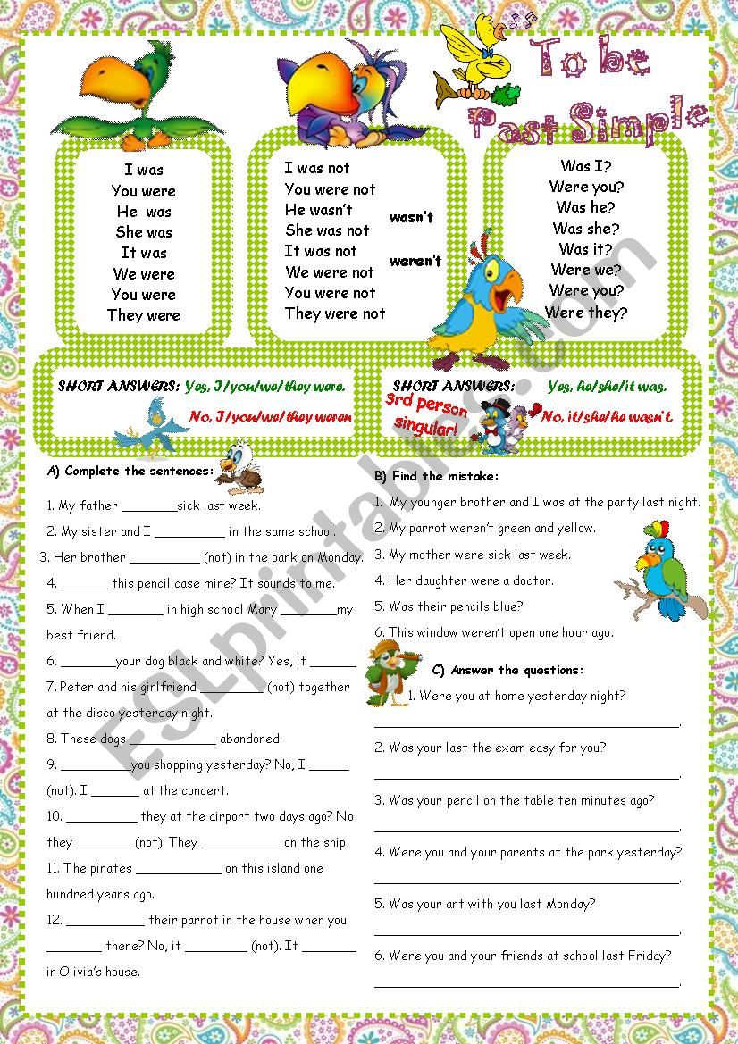 The PAST of the Verb to BE worksheet