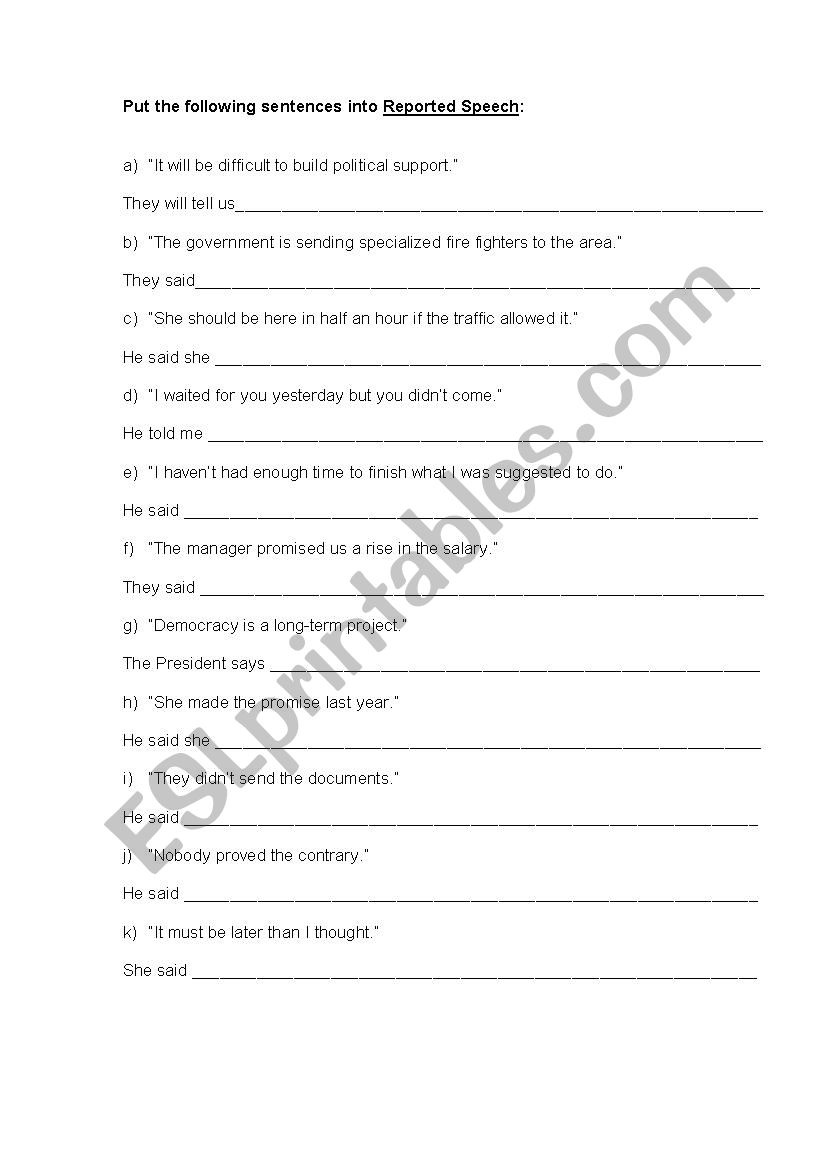 Reported Speech exercises worksheet