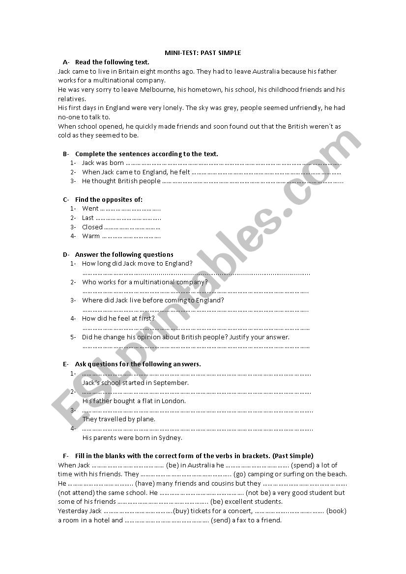 past simple- mini-test worksheet