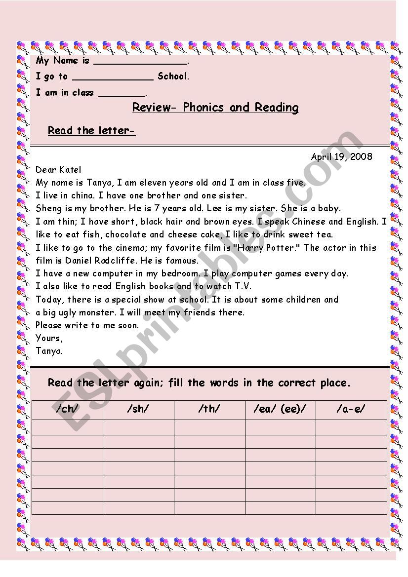 reading and phonics review worksheet
