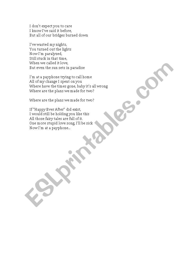 Payphone By Maroon 5 Lyrics And Vocab Exercises Clean - 