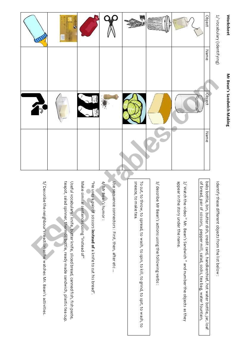 mr beans sandwich video worksheet