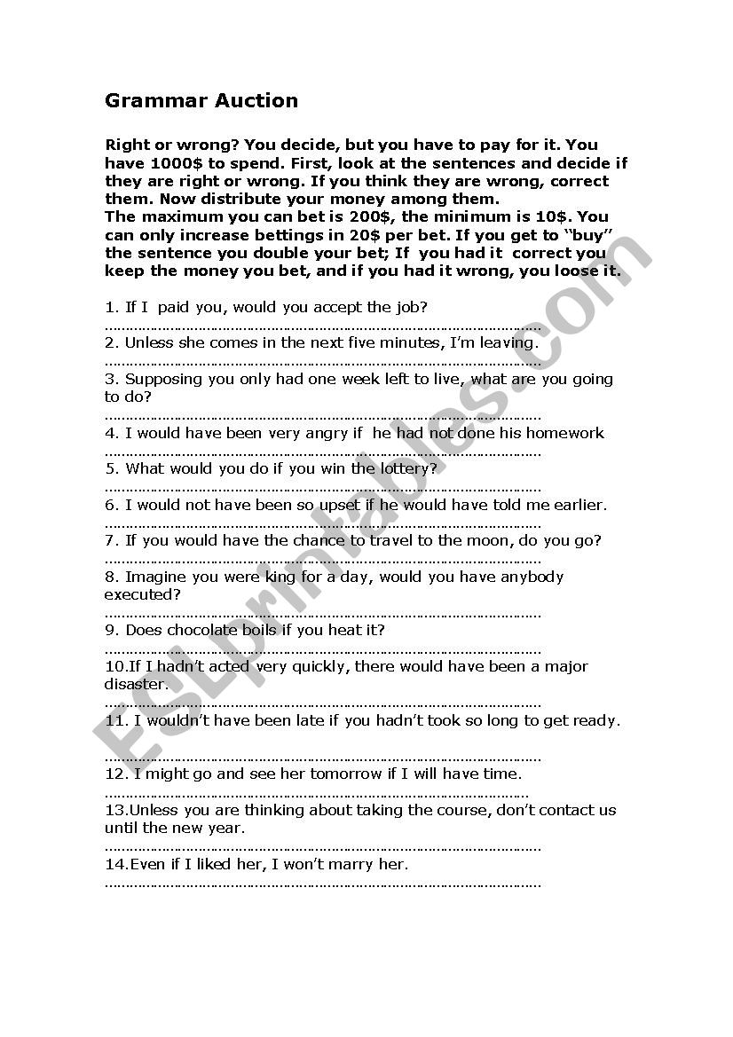 CONDITIONALS AUCTION worksheet