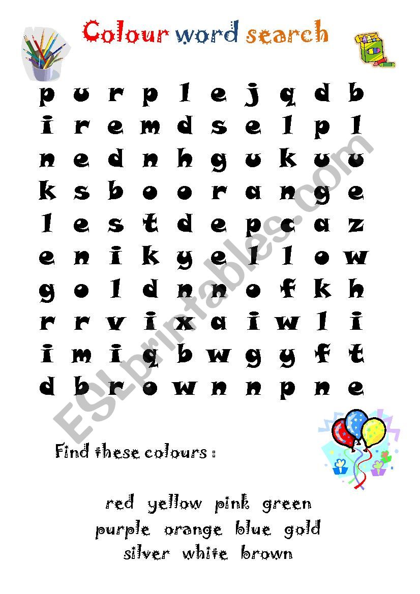 COLOURS - word search worksheet