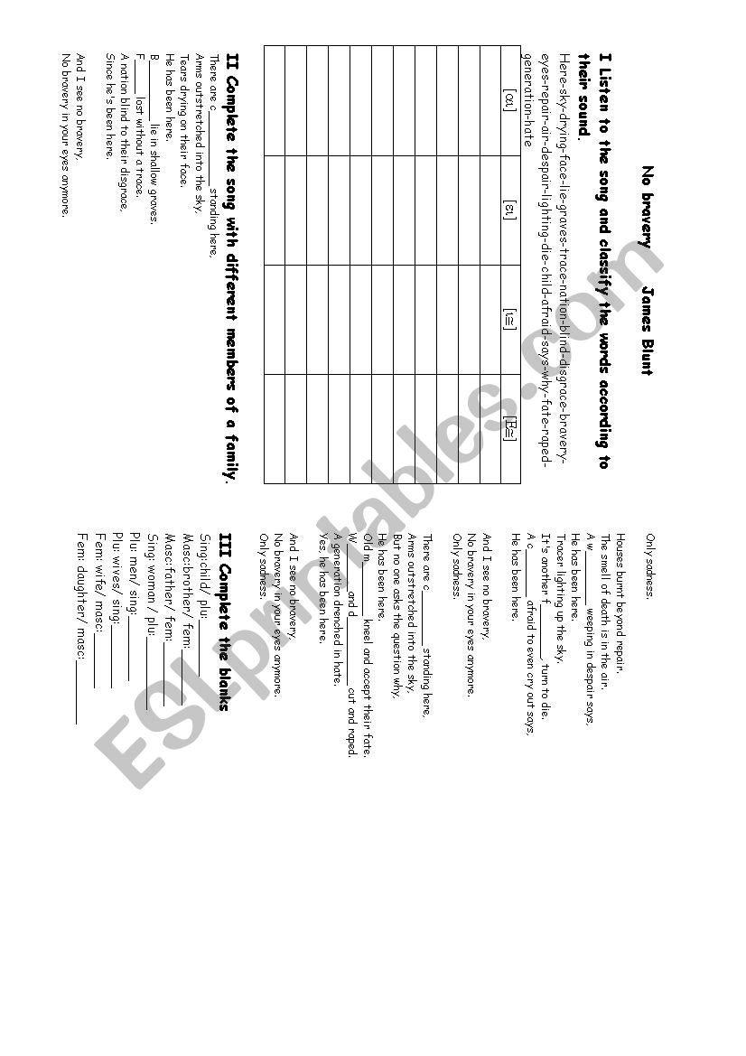 Song: No bravery Jmaes Blunt worksheet