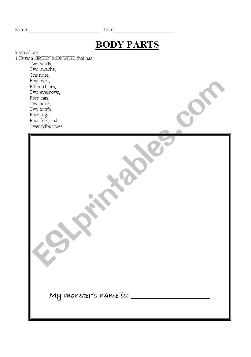 Green Monster Body Parts worksheet