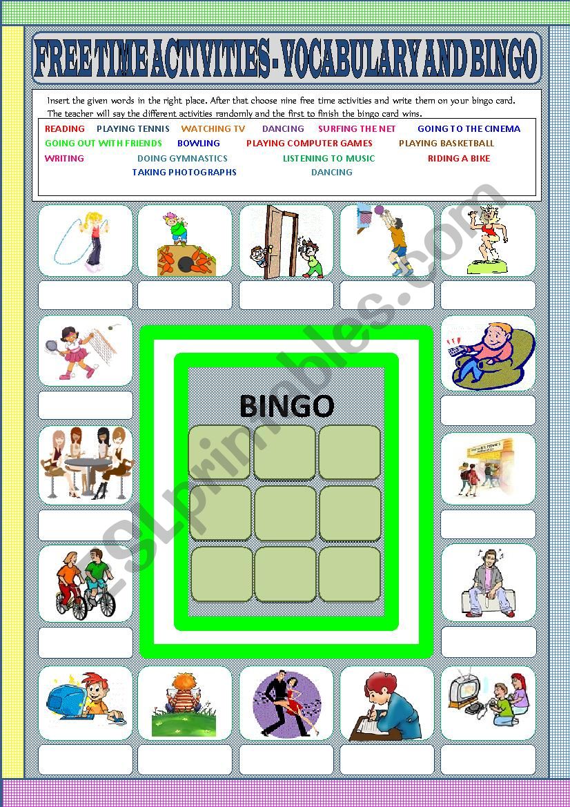 Free time activities - vocabulary and bingo