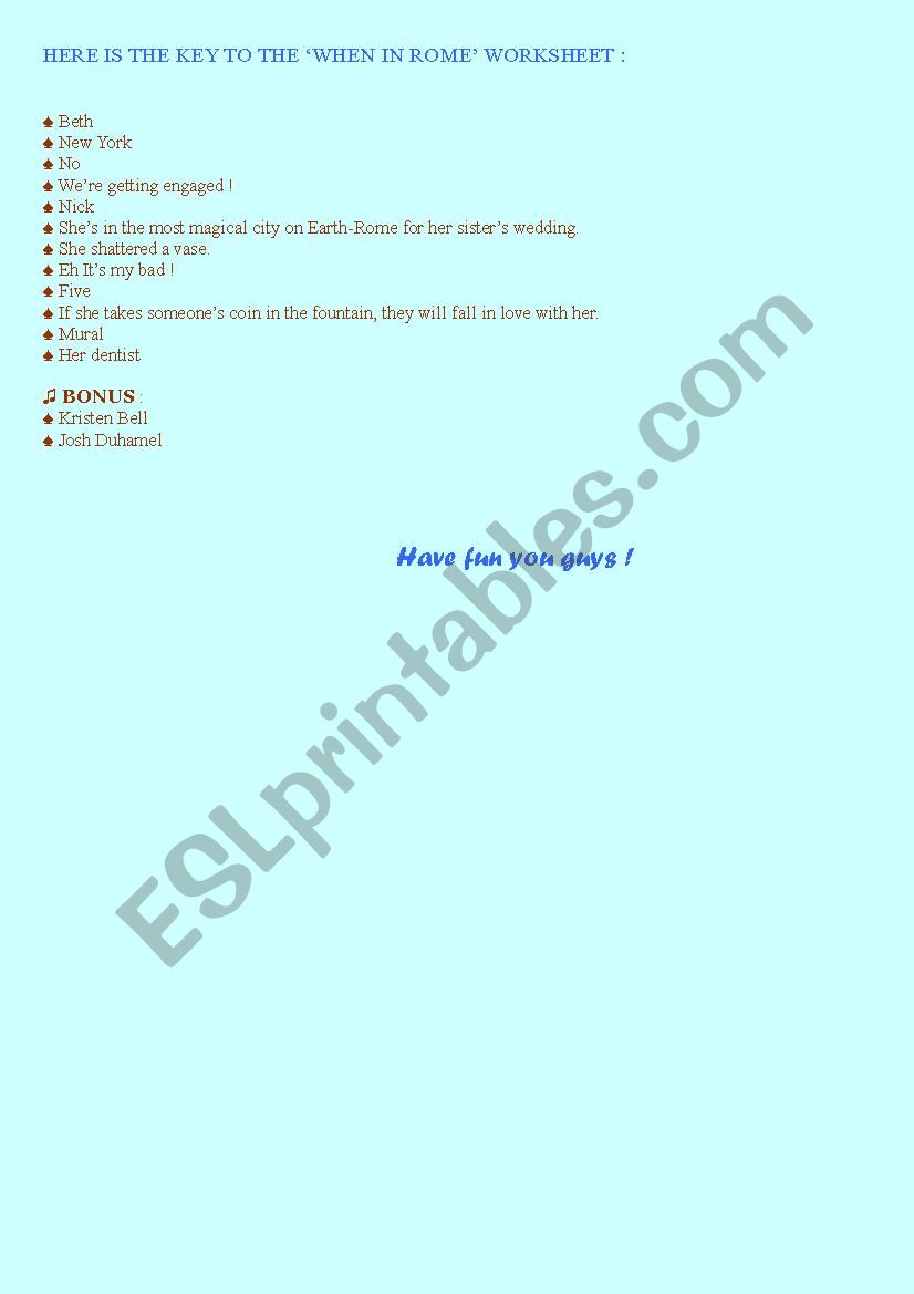 When in Rome Key paper worksheet