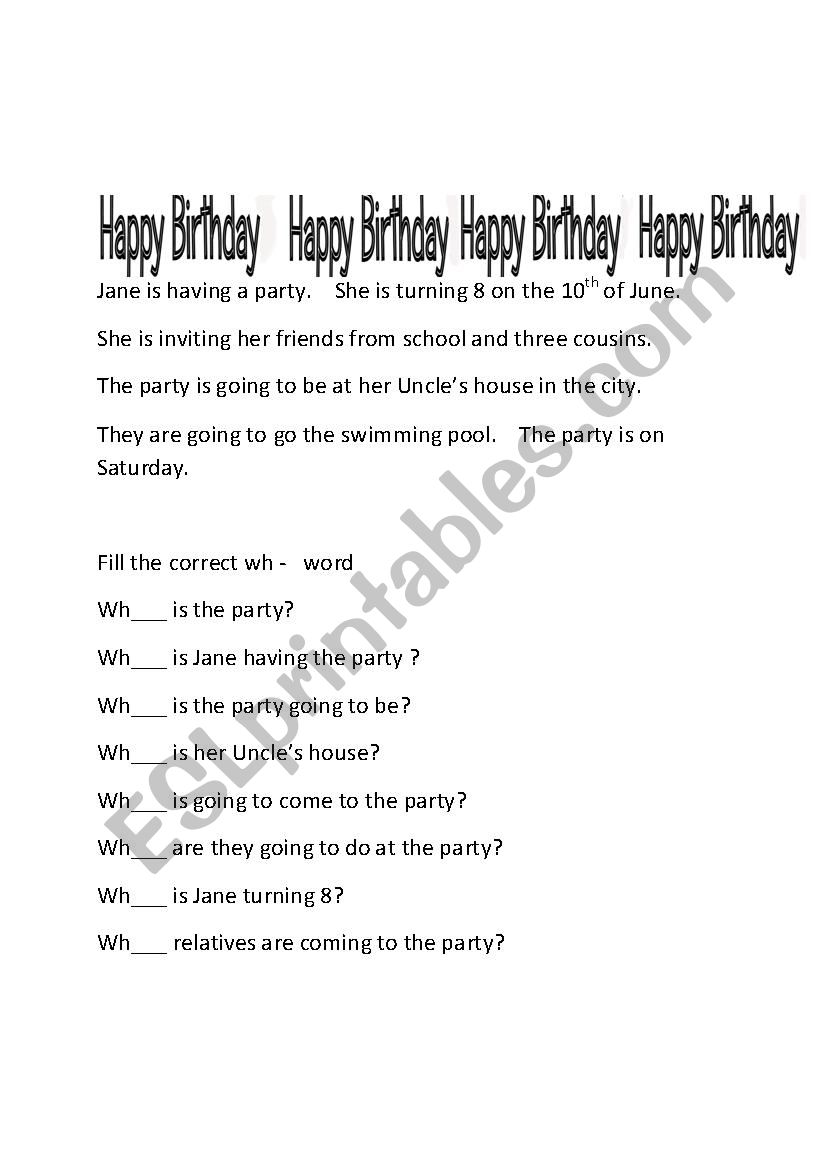 Birthday Party for Jane worksheet