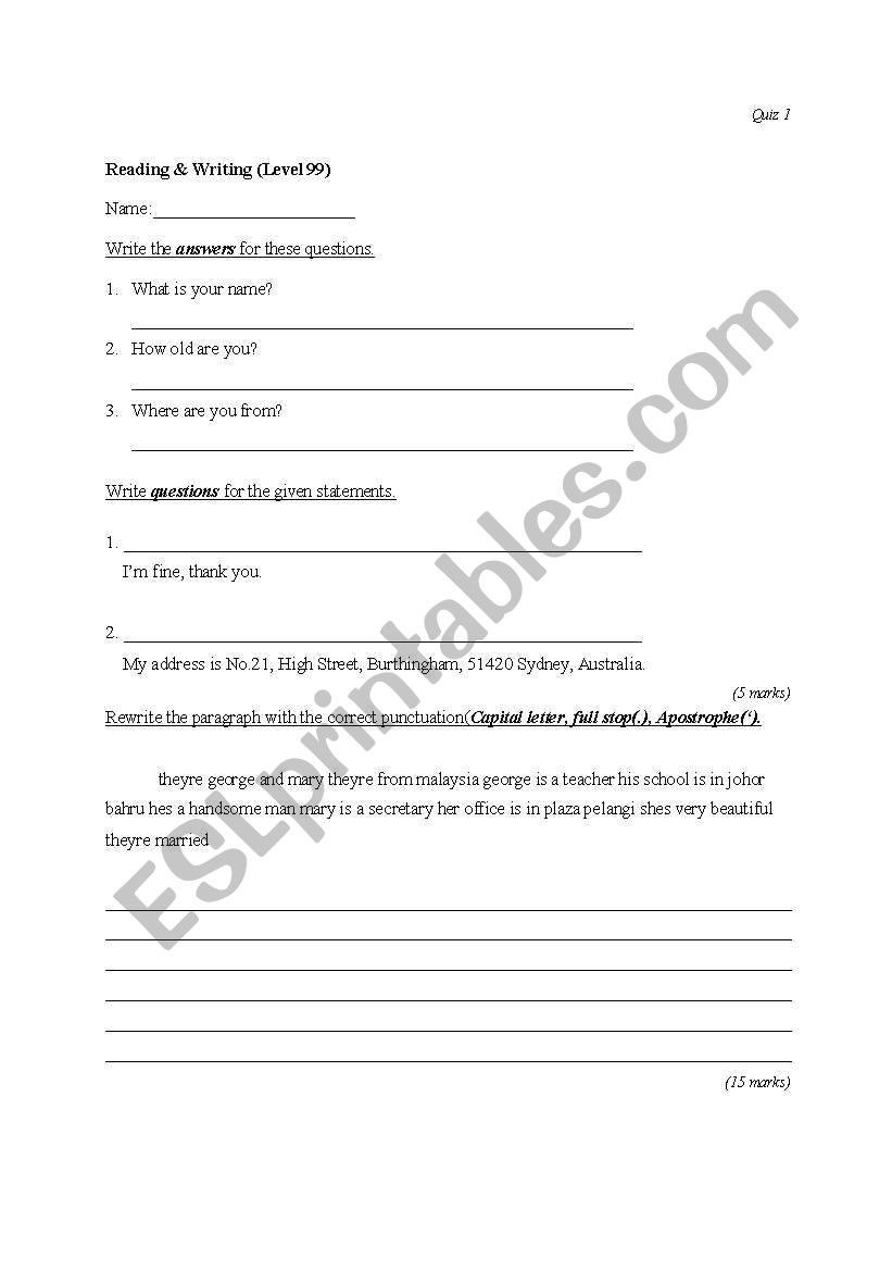 Punctuation worksheet