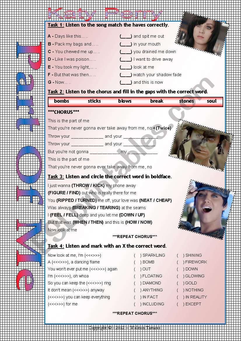 SONG WORKSHEET - PART OF ME - KATY PERRY