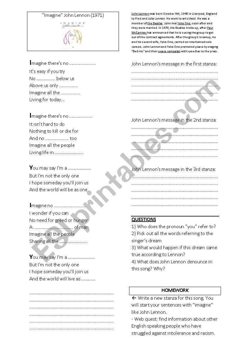 Imagine by John Lennon worksheet
