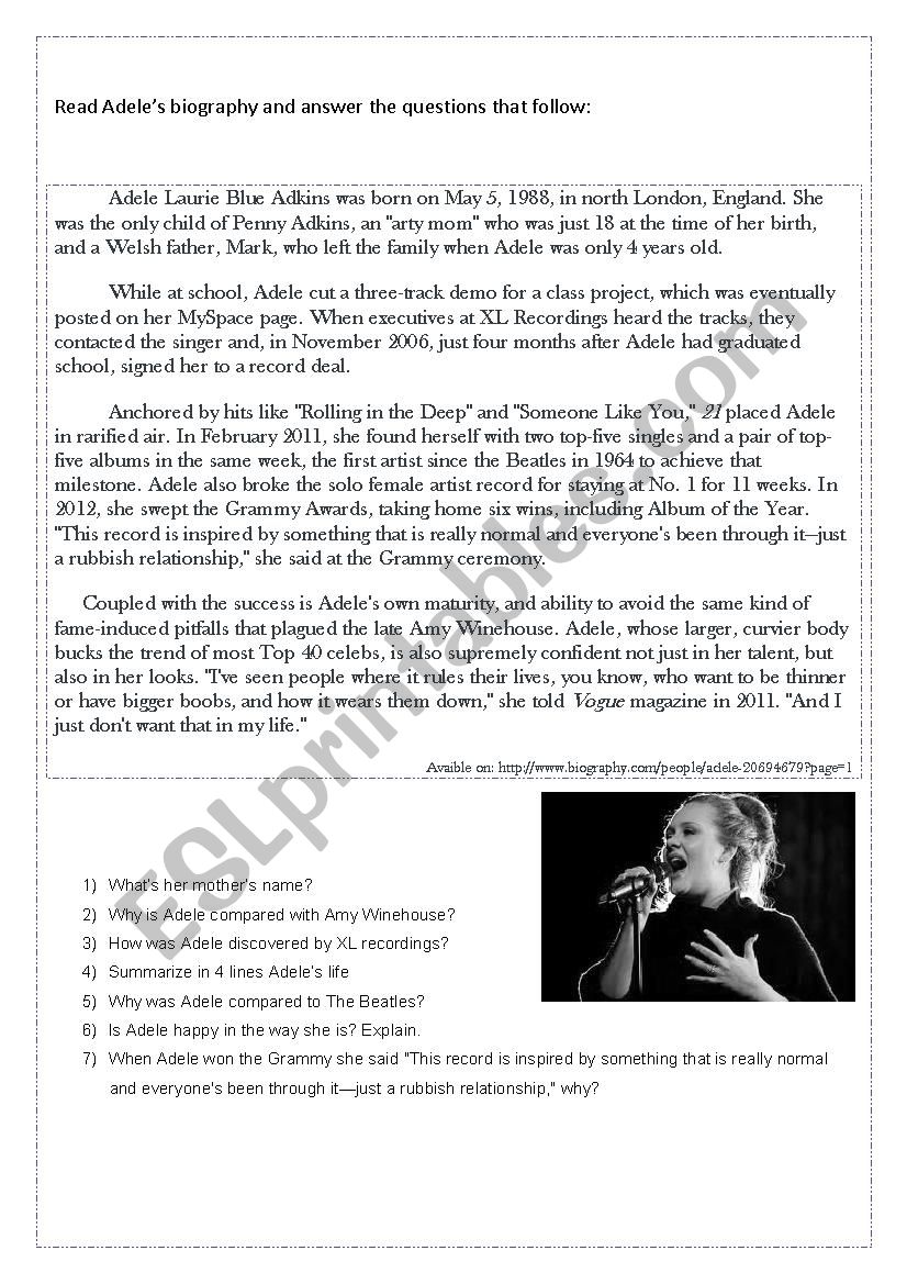 Adeles biography worksheet