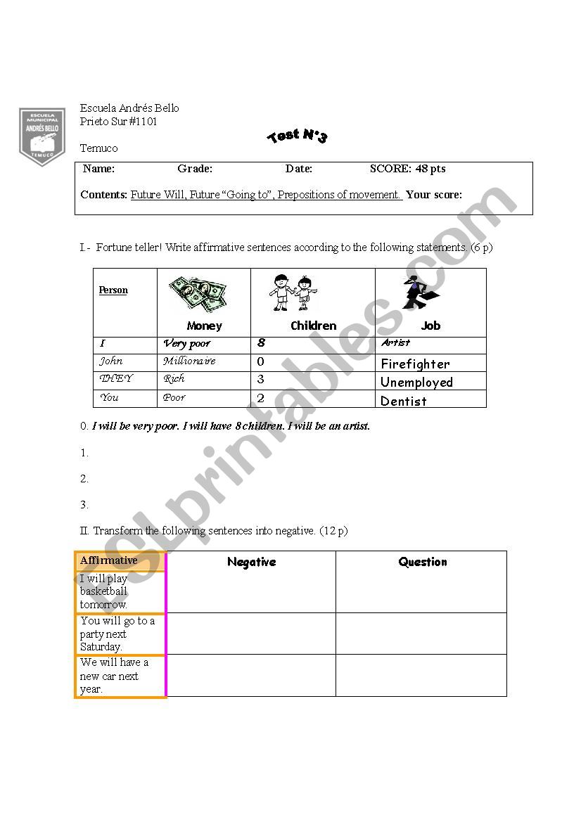 Future WILL, GOING TO and Preposition of movement