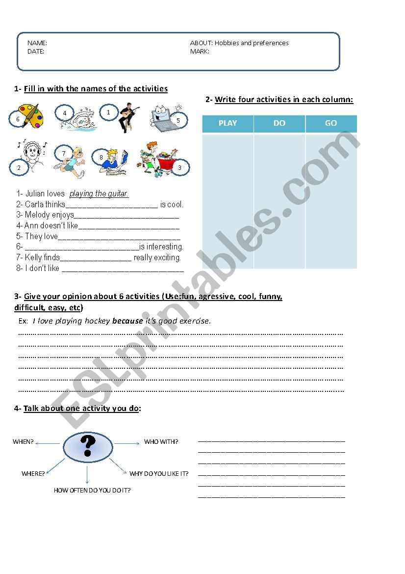 test on hobbies and preferences