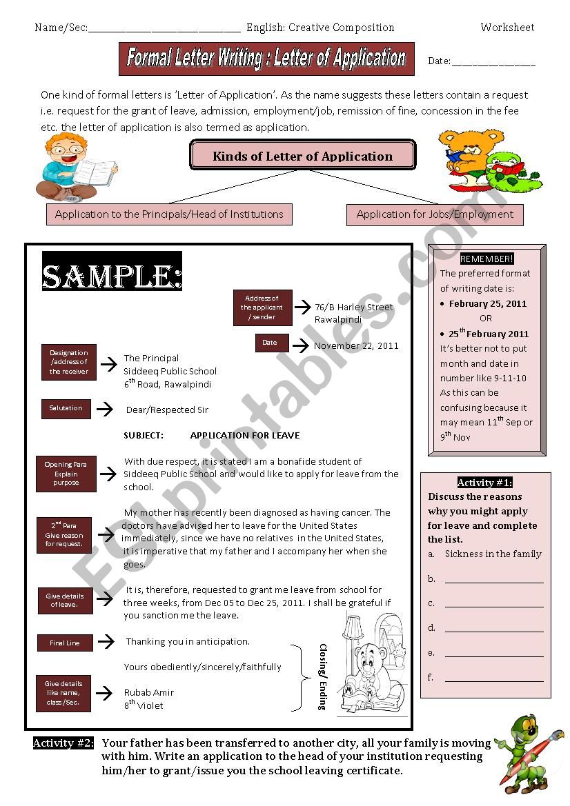 Letter of Application worksheet