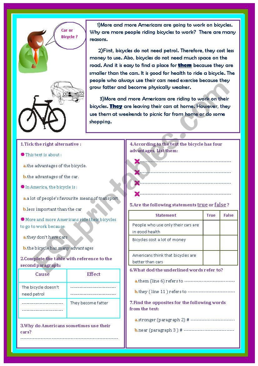 the advantages of bicycles worksheet
