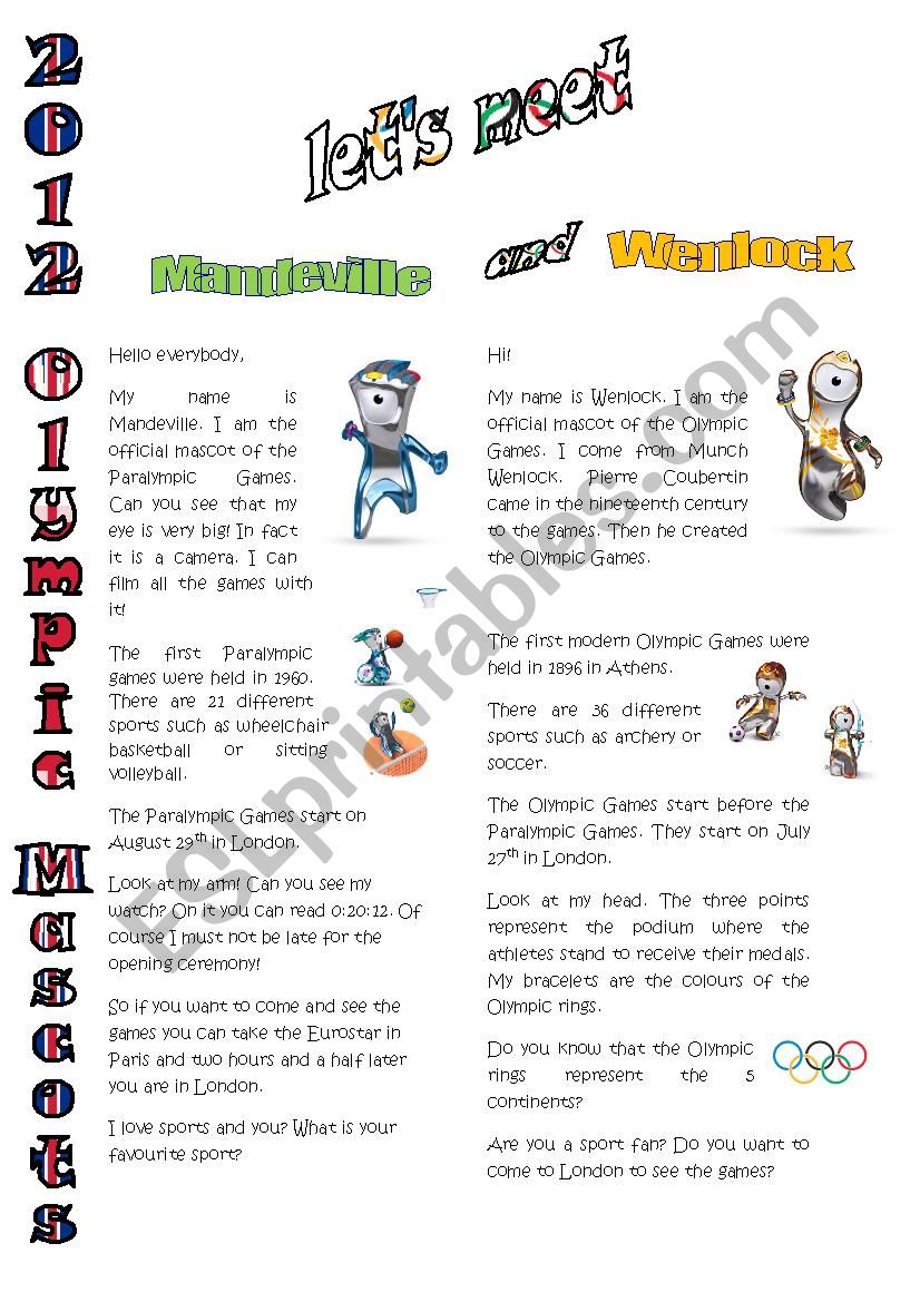 the Olympic Mascots worksheet