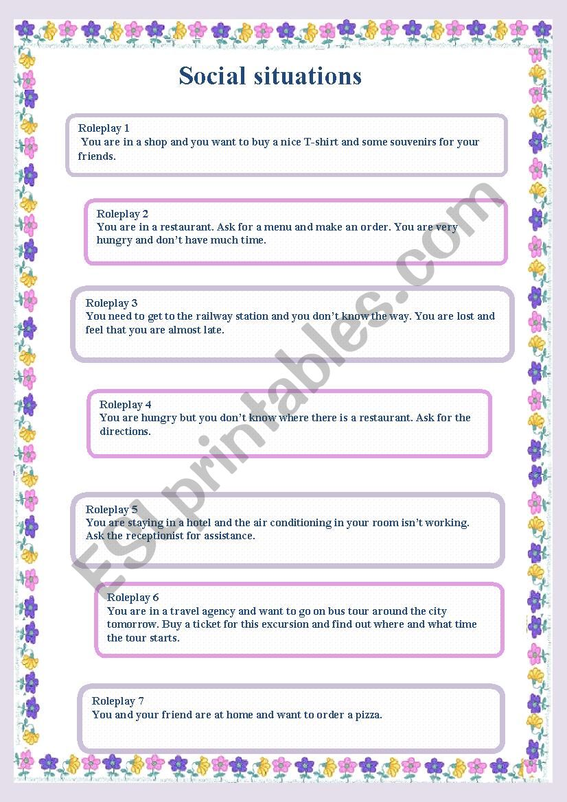 Social situalions to roleplay worksheet