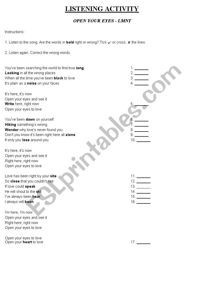 Listening Activity Open Your Eyes Lmnt Esl Worksheet By Carsalpai