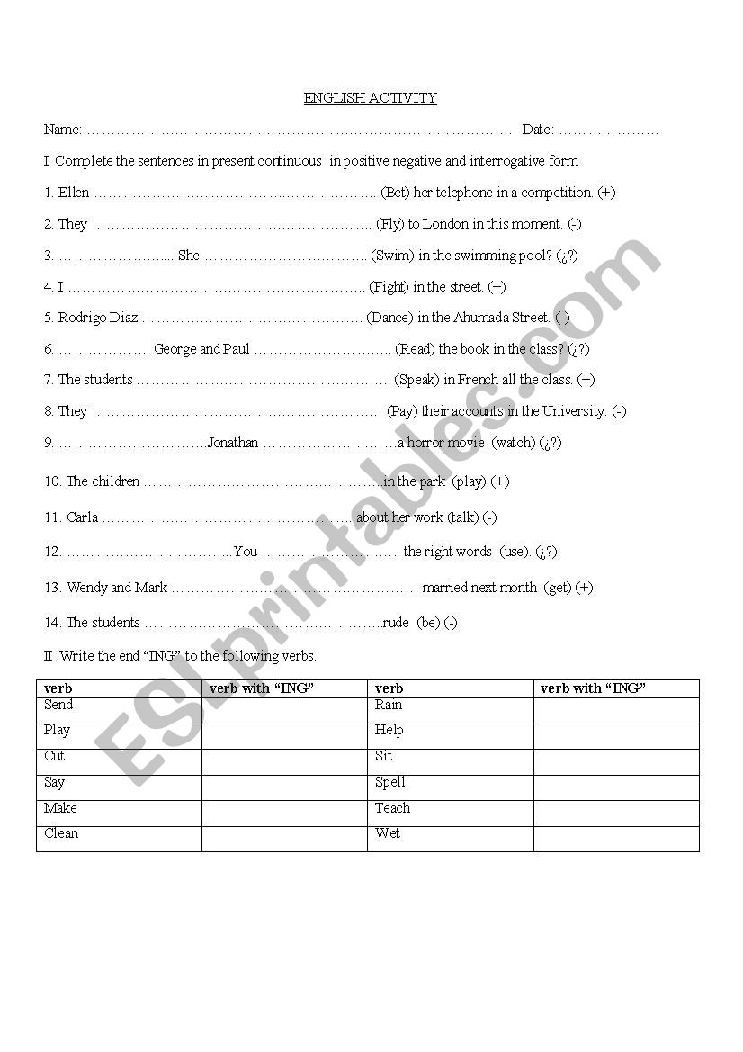 present continuous  worksheet