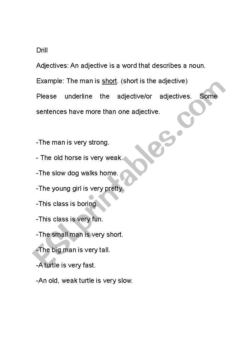 Underline the adjective worksheet