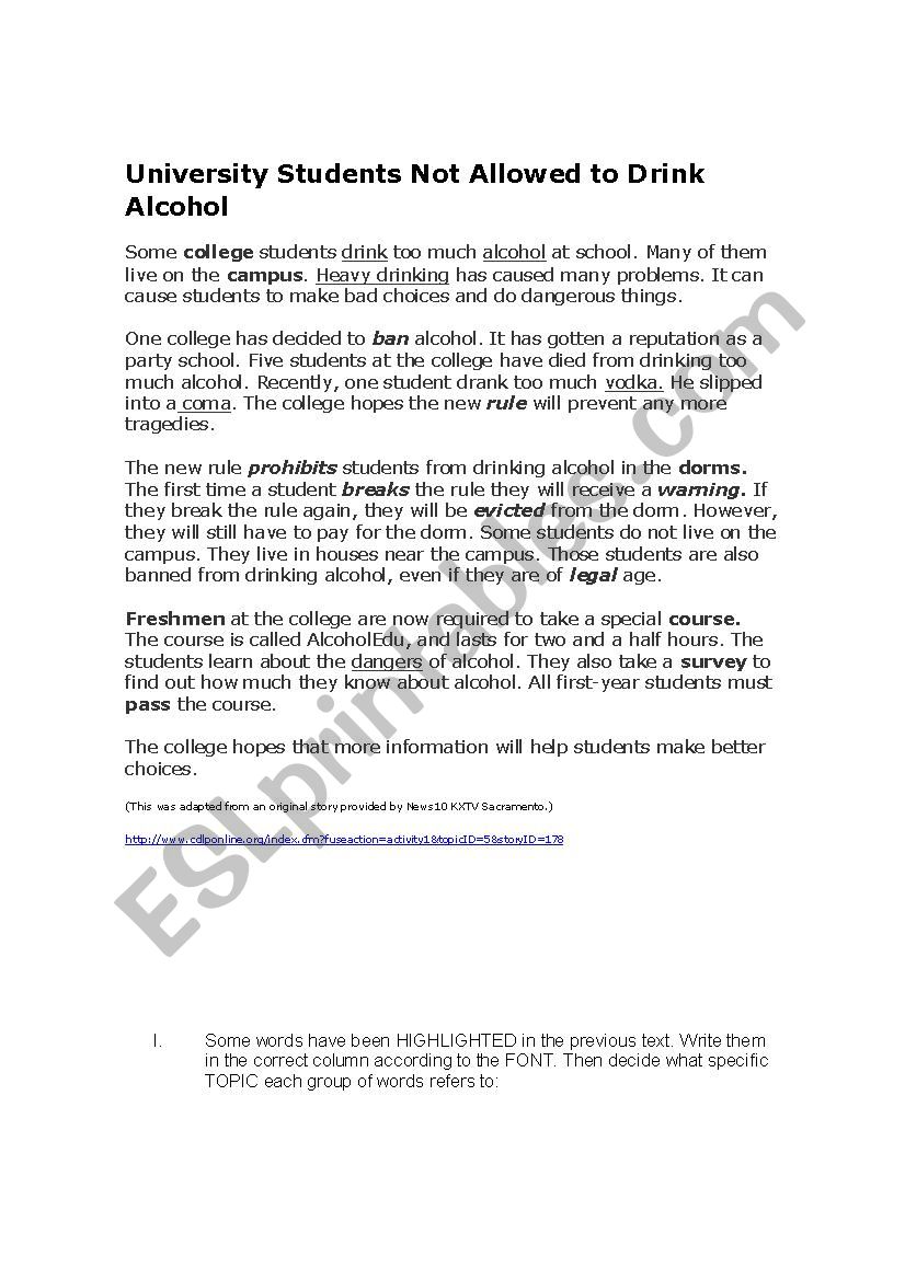 ALCOHOL BAN worksheet