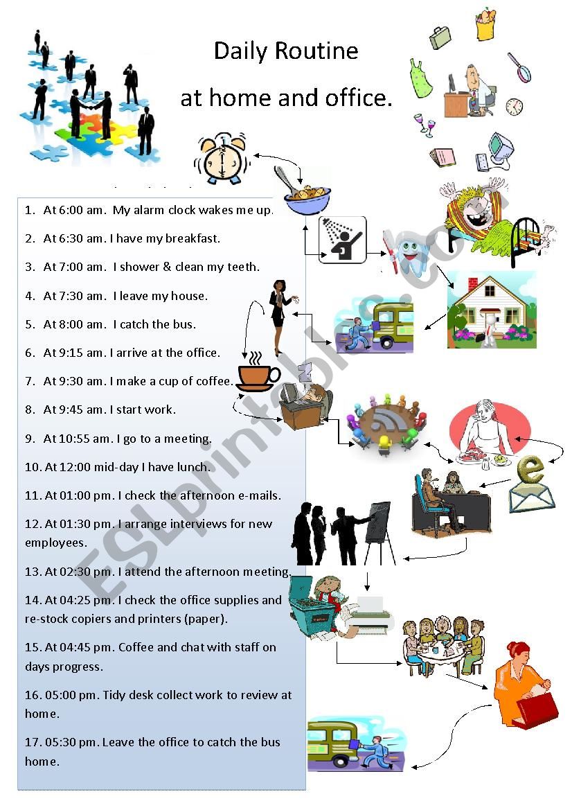 Daily routine from home to office - ESL worksheet by boatabike Mike