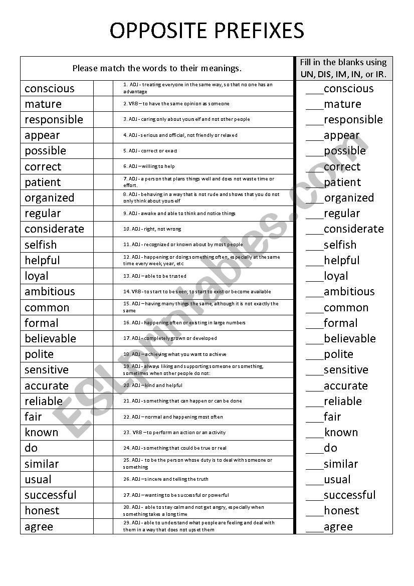 Opposite Prefixes: -UN -DIS -IM -IN - IR