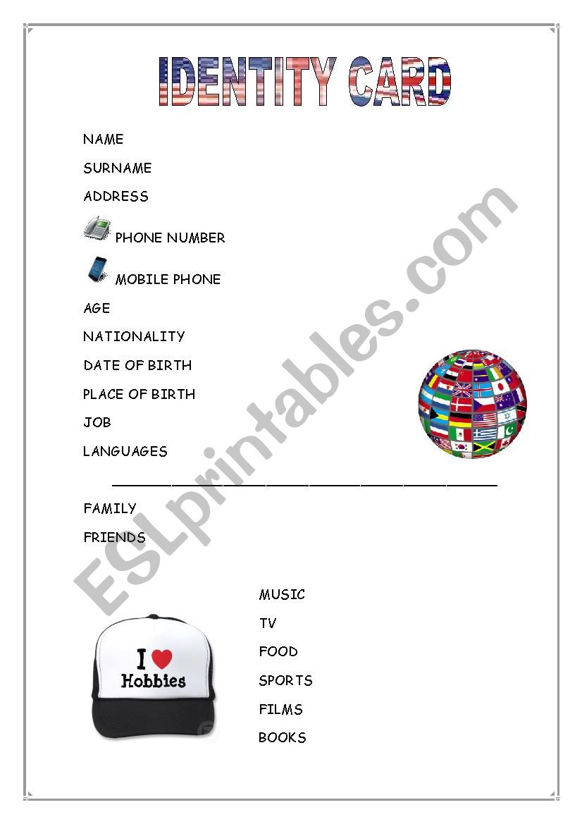 identity card worksheet