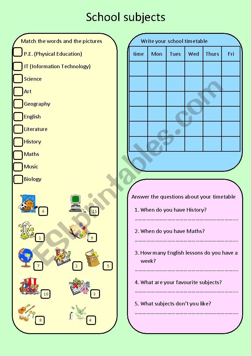 School subjects worksheet