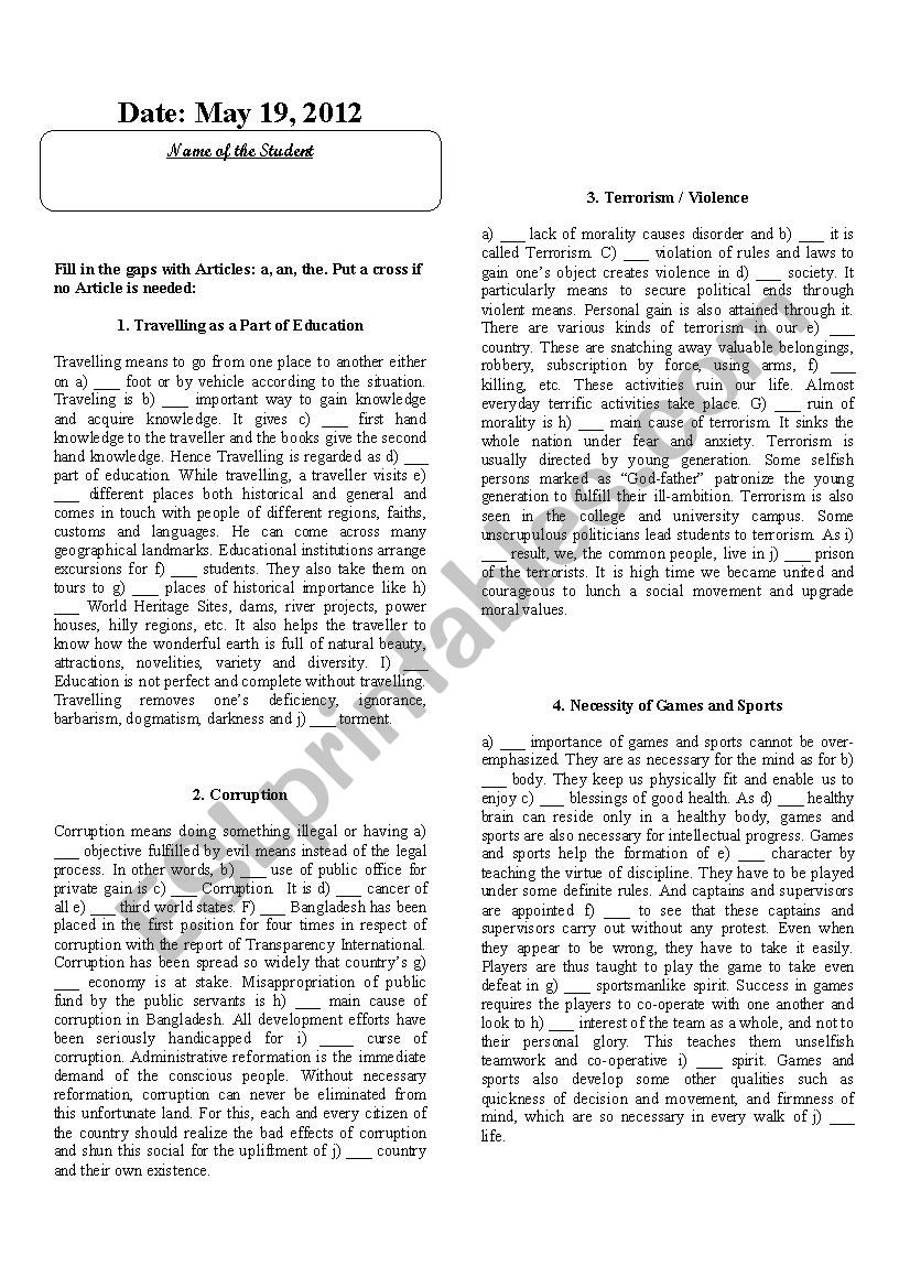 Articles : A , An , The , Cross (X) Test in Some Paragraphs