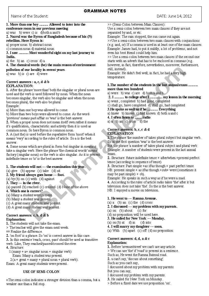 MCQ Test With Grammar Point Explanations