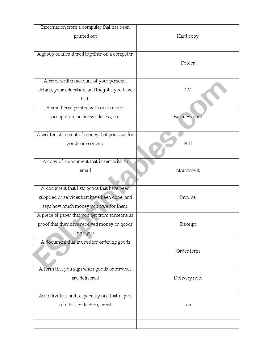 Business vocabulary cards worksheet