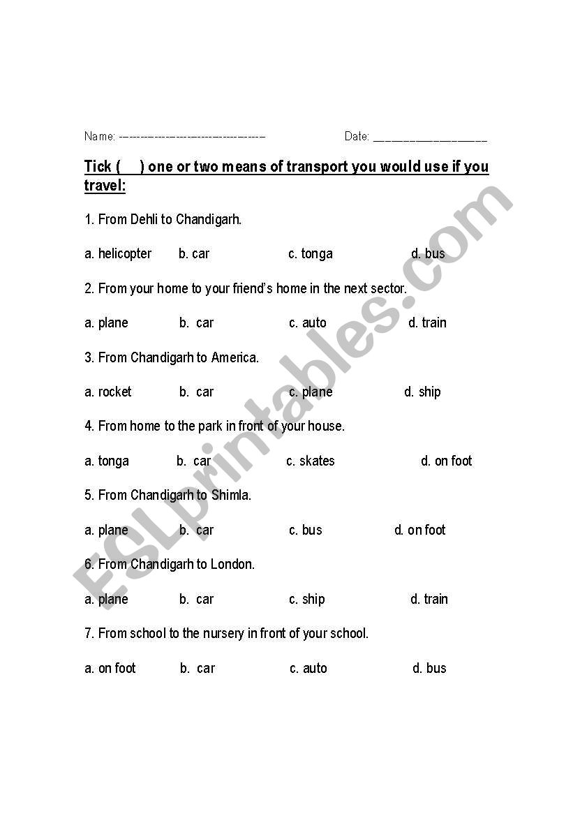 transport worksheet