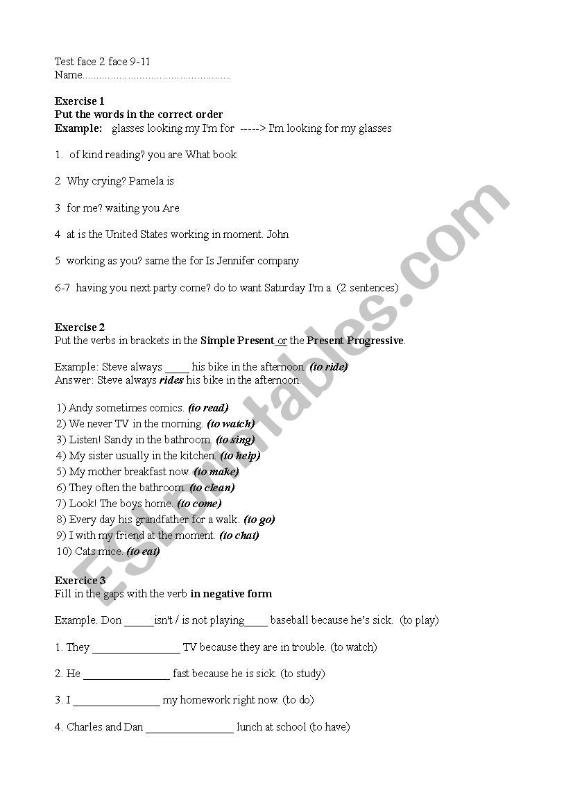 Face2face test chapters 9-11 worksheet