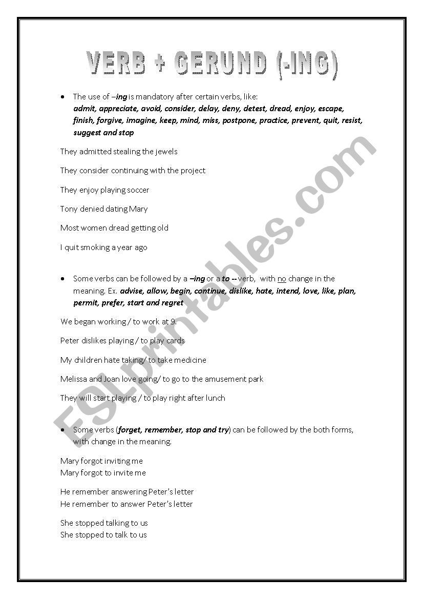 Verbs + Gerunds worksheet