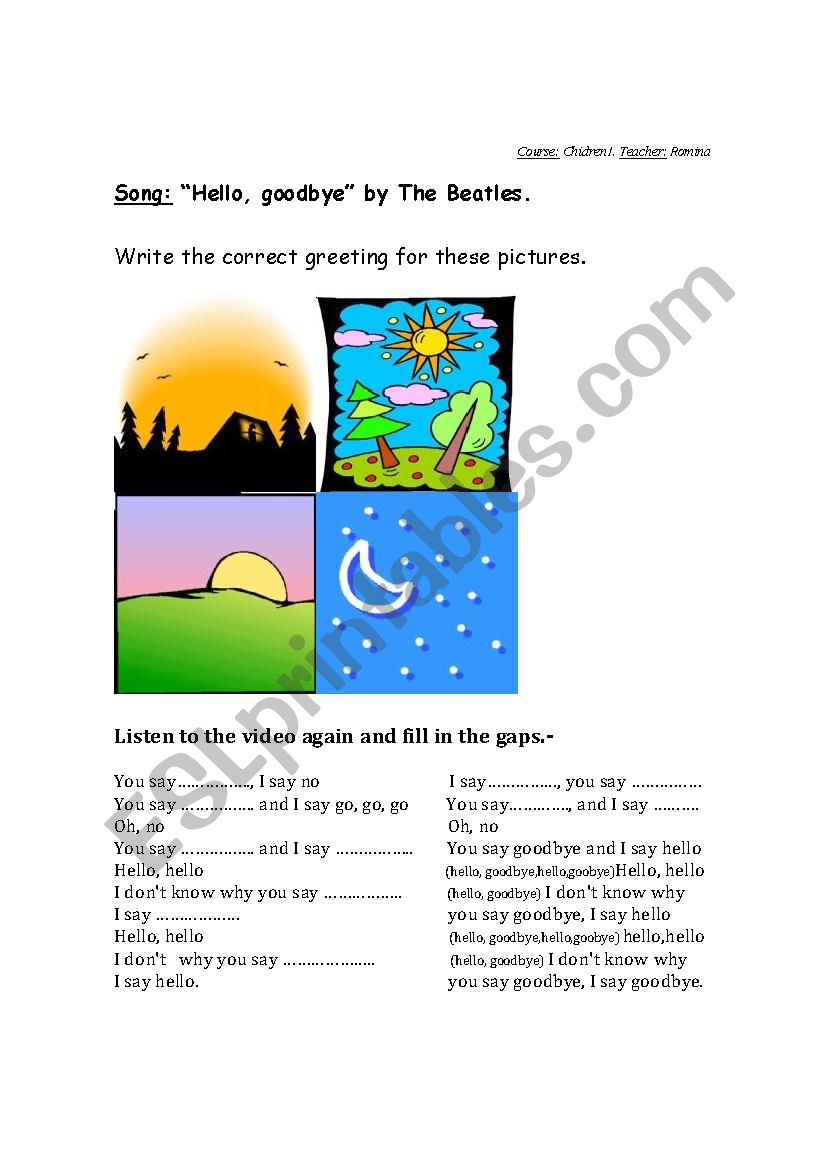 HELLO,GOODBYE by THE BEATLES worksheet HELLO,GOODBYE by THE BEATLES worksheet
