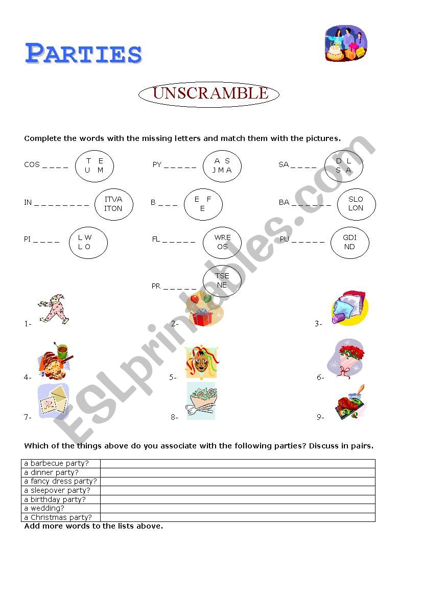 Parties worksheet