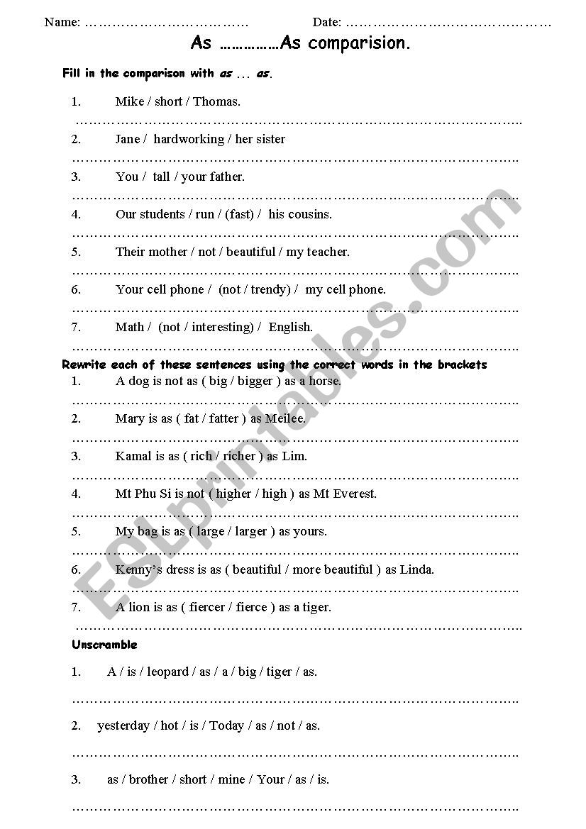 equal of comparision worksheet