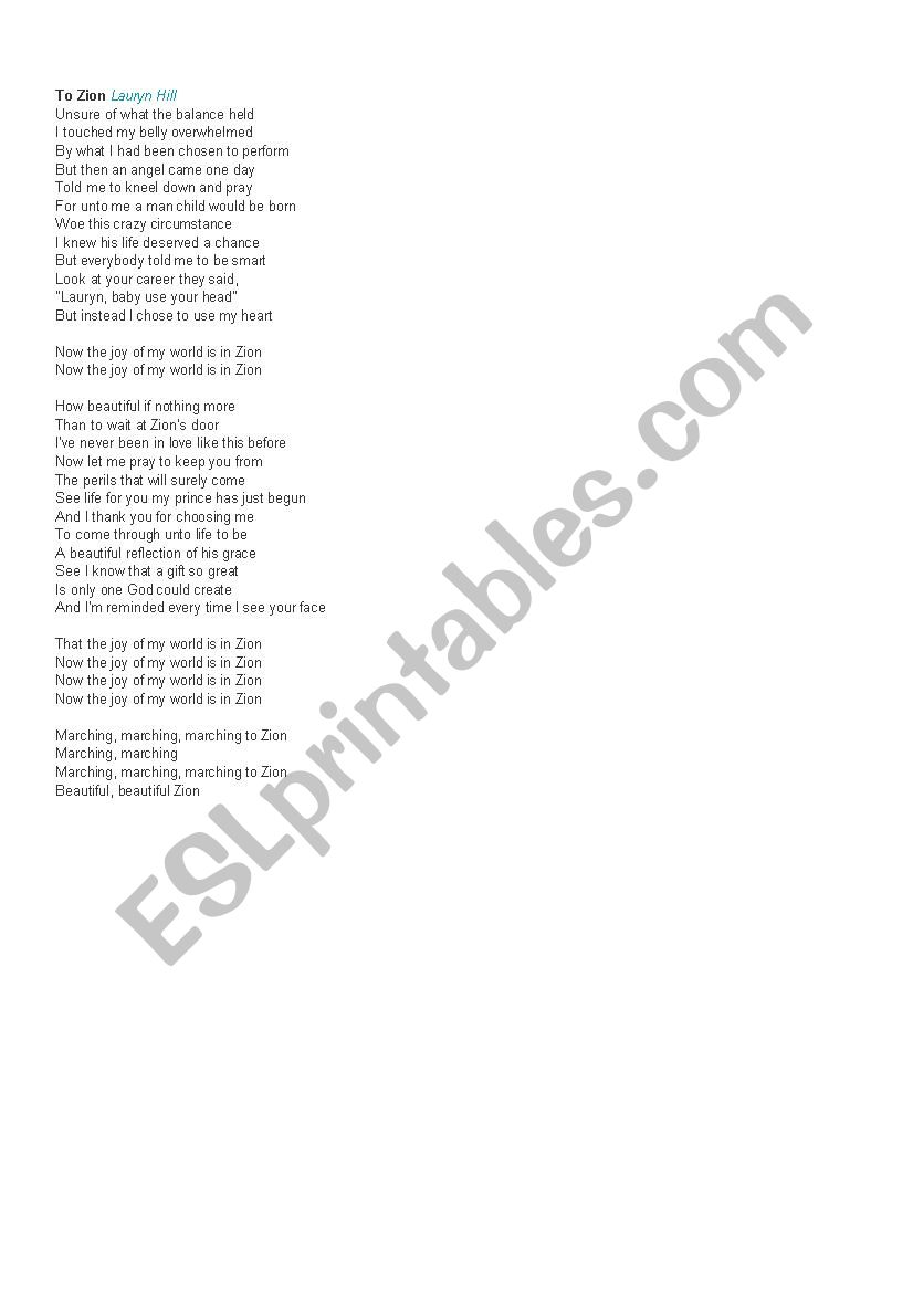 To Zion  worksheet