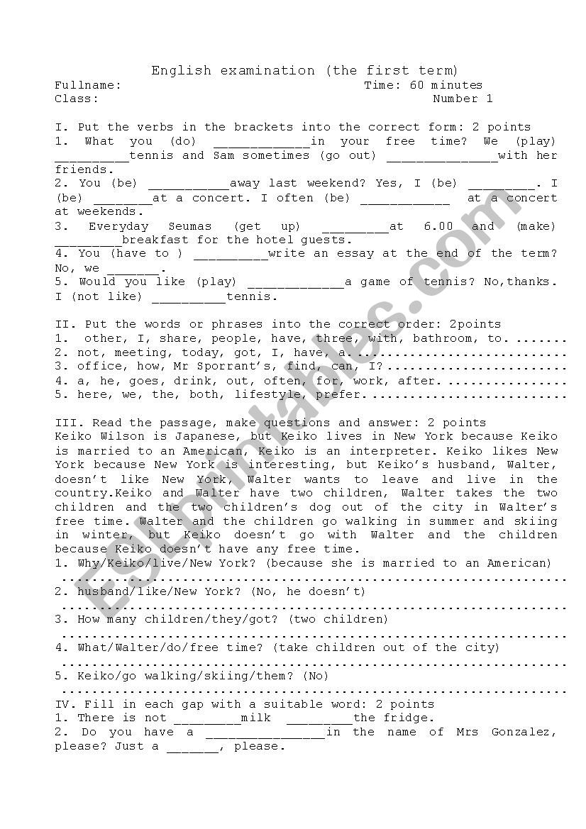 The first period exam worksheet