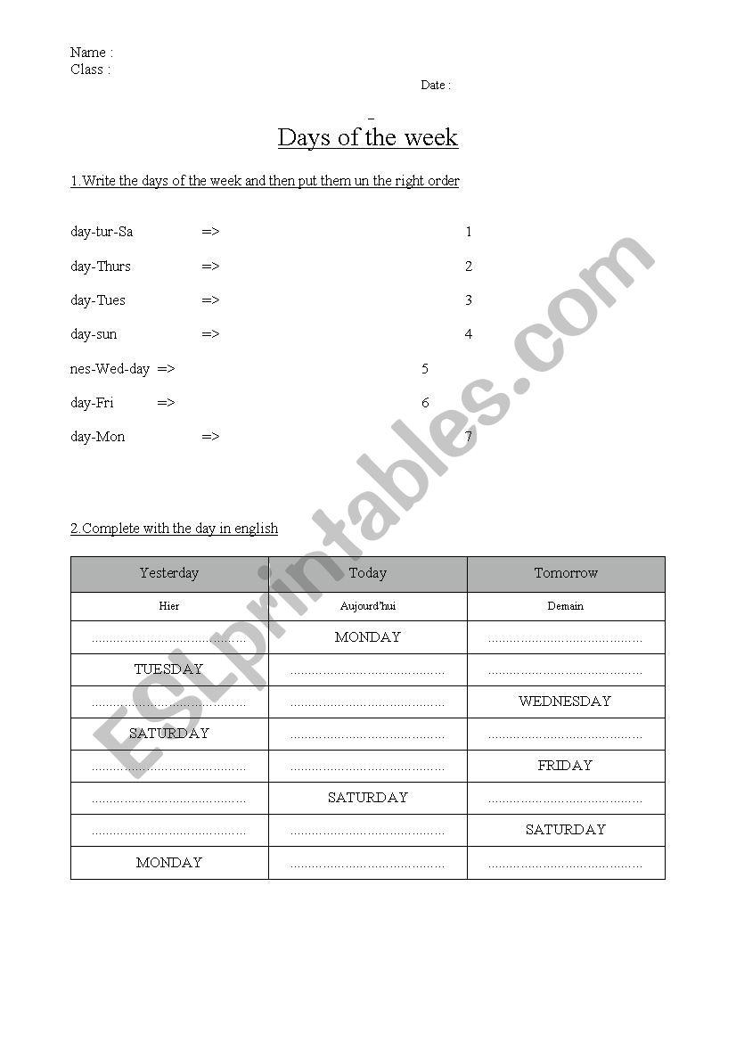 Test : Days of the week worksheet