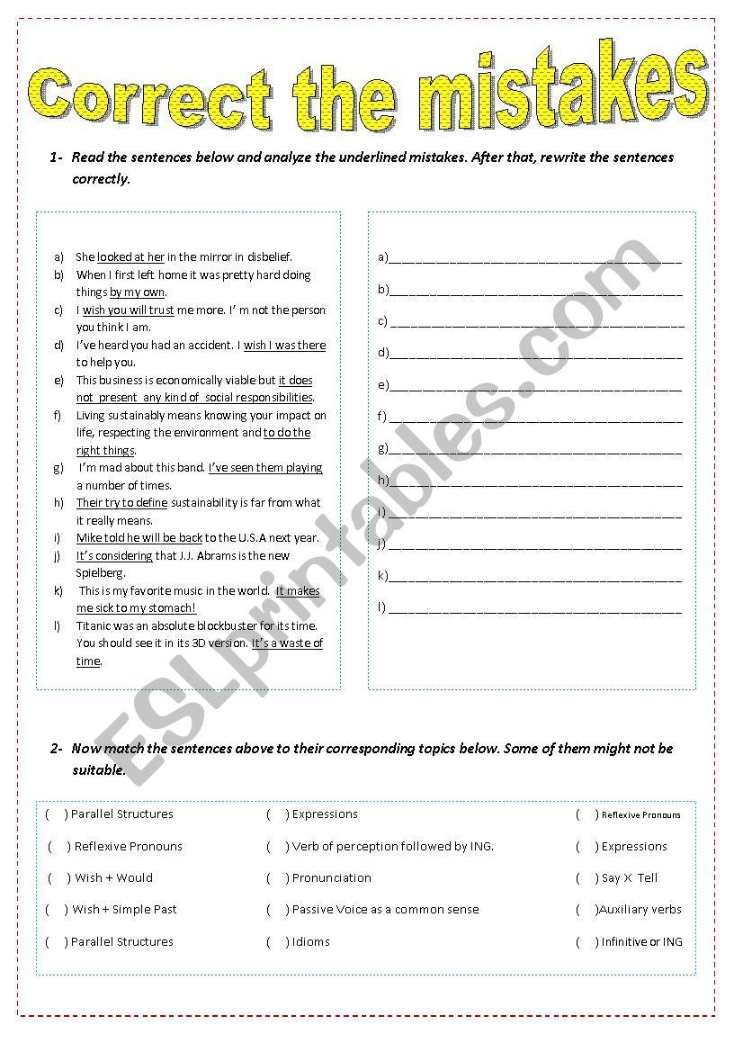 Correct the mistakes worksheet