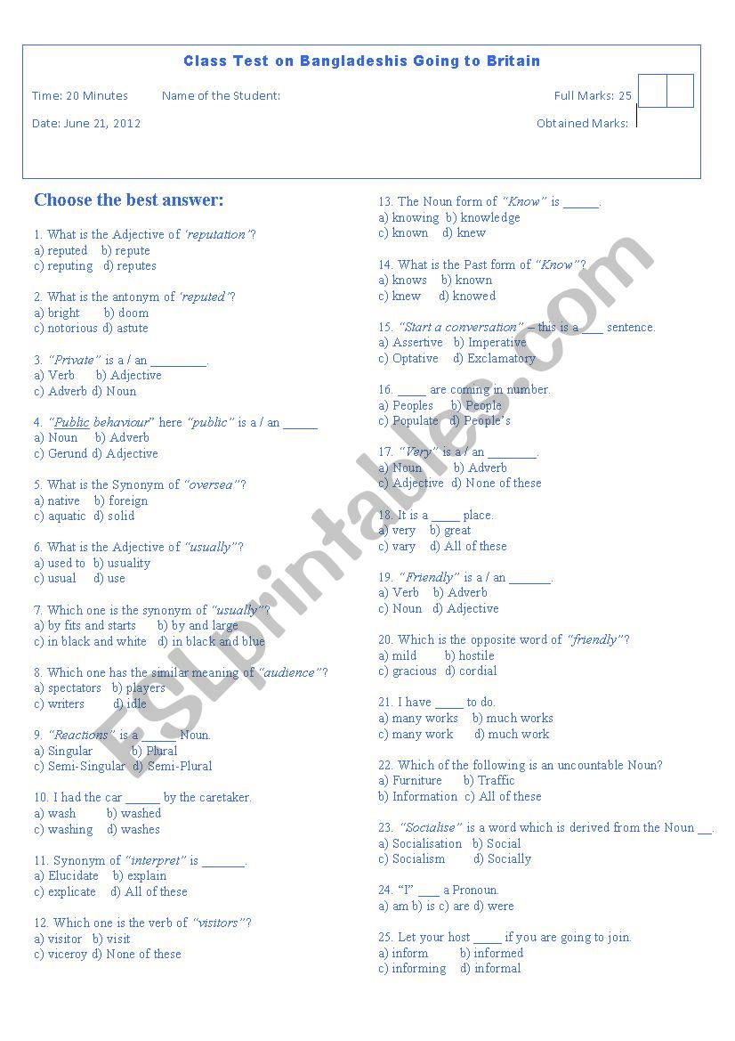 Parts of Speech worksheet