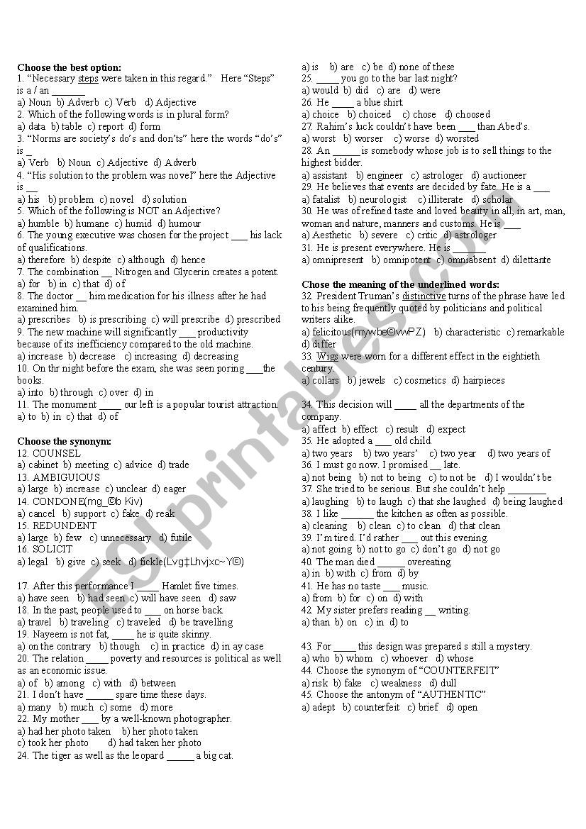 MCQ Test on Grammar worksheet