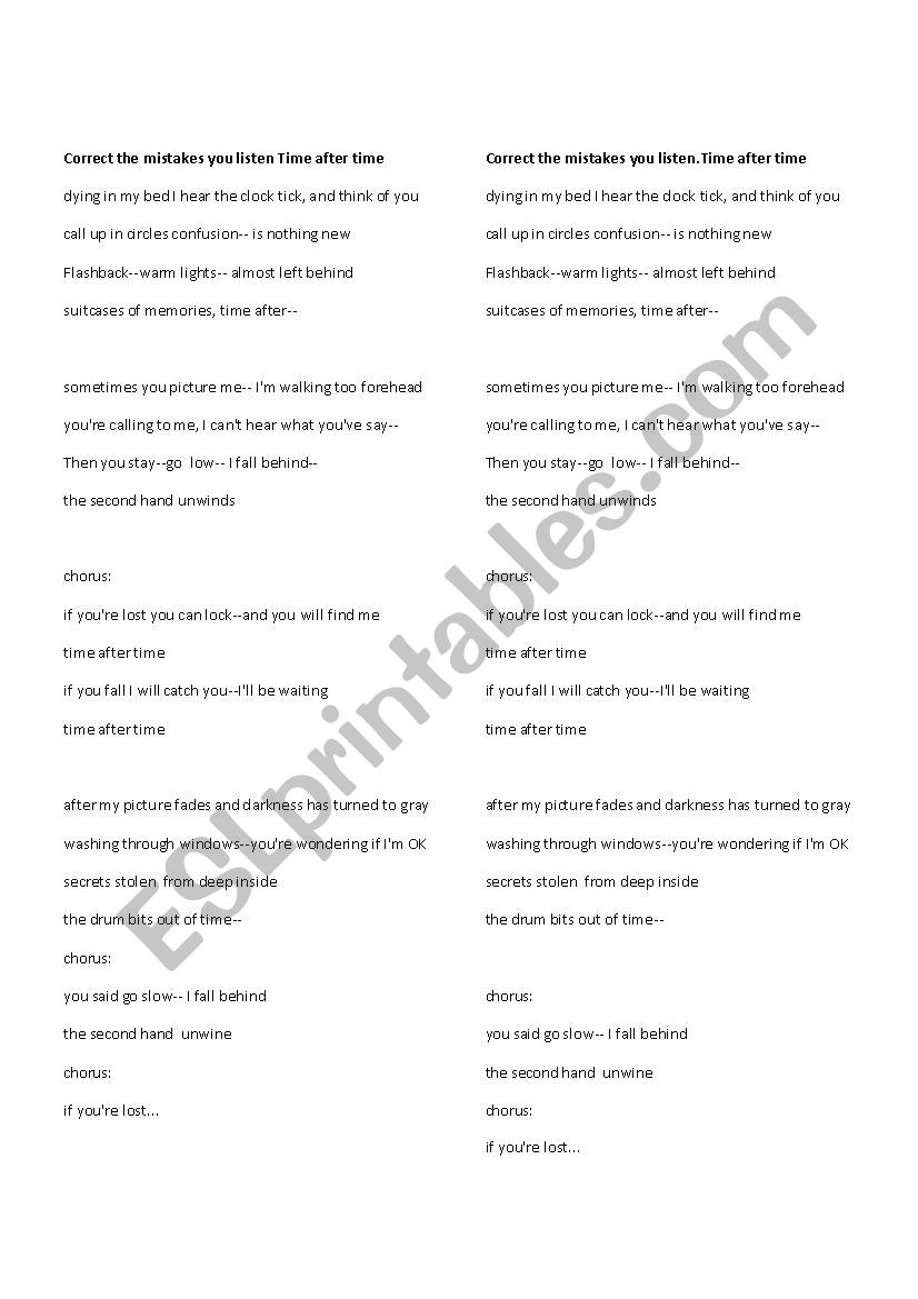 Time after time song worksheet