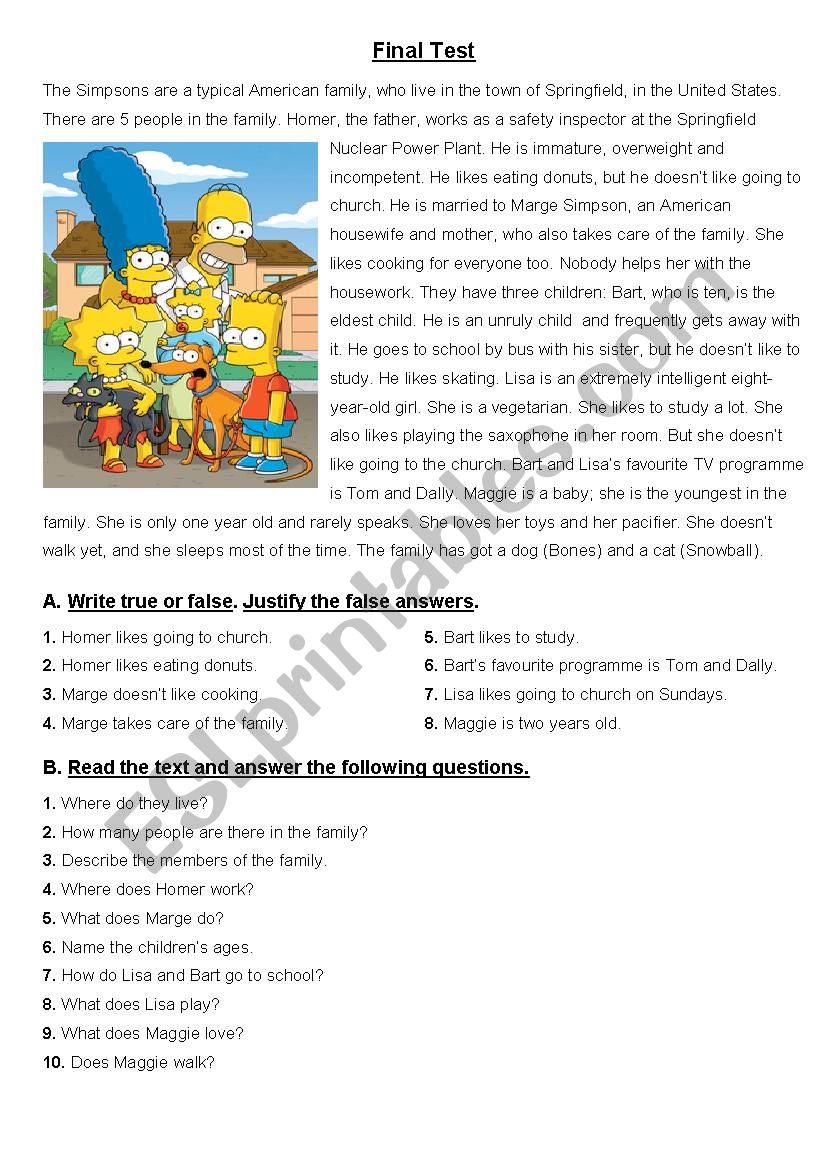 test on simpsons family worksheet