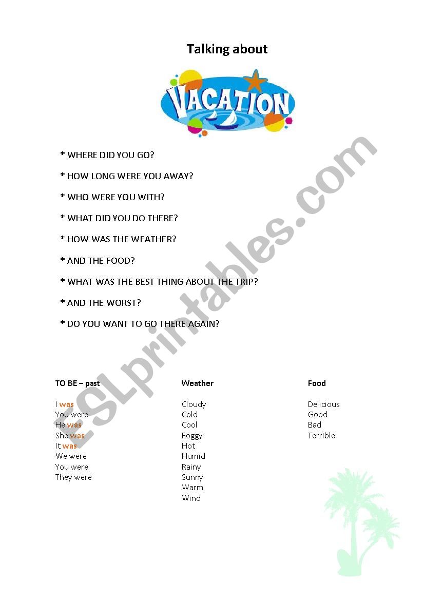 Tell me about your Vacation worksheet